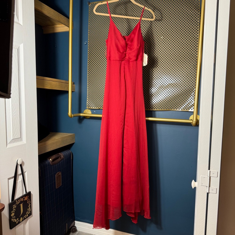 Altar'd State Tavia Scarf Maxi Dress Red Ruched V-Neck Formal Gown Adj Small NWT